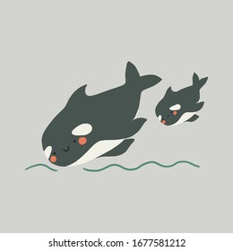 Cute flat killer whale drawing. Adorable little cartoon orca vector illustration. Childish rare animal wild ocean concept