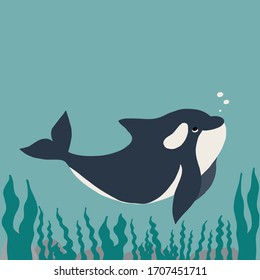 Cute flat killer whale drawing. Adorable little cartoon orca vector illustration. Childish rare animal wild ocean ecology concept. Perfect for textile design, web site, notebook, stickers