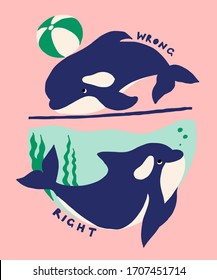 Cute flat killer whale drawing. Adorable little cartoon orca vector illustration. Childish rare animal in wild ocean. Save orcas, do not use dolphinarium, stop whale show , care about nature concept. 