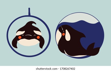 Cute flat killer whale drawing. Adorable little cartoon orca vector illustration. Childish rare animal in wild ocean. Save orcas, do not use dolphinarium, stop whale show , care about nature concept. 