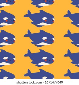 Cute flat killer whale seamless pattern. Adorable little cartoon orca vector illustration. Childish ornament for textile, fabric, print, wallpaper, wrap paper
