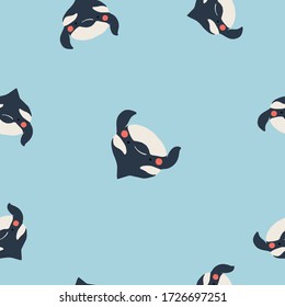 Cute flat killer whale seamless pattern. Adorable little cartoon orca vector illustration. Childish ornament for textile, fabric, print, wallpaper, wrap paper