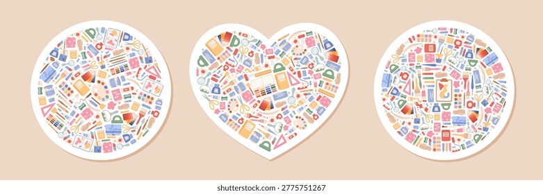 Cute flat kit of cartoon painter stationery on white sticker. Color school art supply set as childish sticker object and study tools for children class. Creative education icon pack with pastel tone