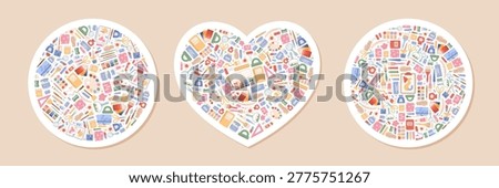 Cute flat kit of cartoon painter stationery on white sticker. Color school art supply set as childish sticker object and study tools for children class. Creative education icon pack with pastel tone