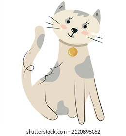 Cute, flat kitten cartoon character. A small pet in a collar with a medal. Pet vector illustration isolated on white background, for kids app game book print postcard t-shirt design party invitation