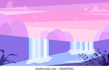 Cute flat landscape illustration with mountain, waterfall and lake. Water stream simple vector.