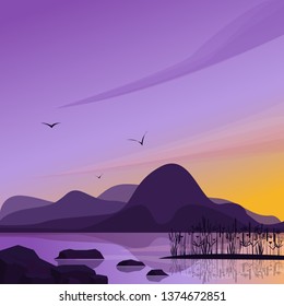 Cute flat landscape illustration with mountain and lake. Water stream simple vector.