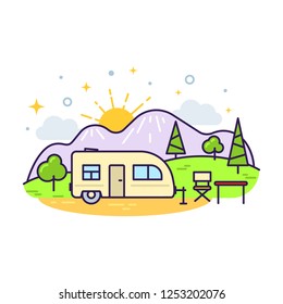 Cute flat line icon of colorful camp trailer. Vector