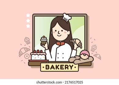 Cute flache Illustration von Bäckerei Shop Fenster mit Pâtissier Chef Charakter. Lebensmittelgeschäft Konzept Avatar. Dessertgebäck