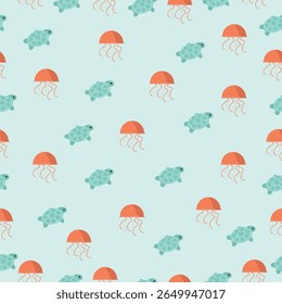 Cute flat marine pattern featuring turquoise turtles with spotted shells and bright orange jellyfish on a pale blue background. Modern cartoon style ideal for fabric, wallpaper, packaging