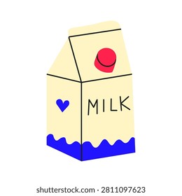 Cute flat milk in cardbox with text isolated on white background. Modern dairy products. Natural source of calcium and protein. Suitable for web design, banners, posters, cards, etc.