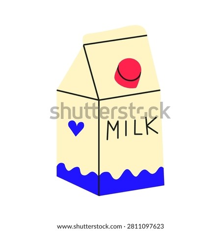 Cute flat milk in cardbox with text isolated on white background. Modern dairy products. Natural source of calcium and protein. Suitable for web design, banners, posters, cards, etc.