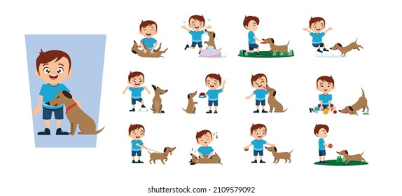 Cute flat minimalist boy with a dog character set in different poses vector illustrations. Cartoon dog, domestic dog pet