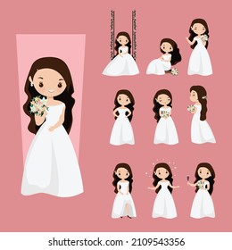 Cute flat minimalist Bride character set vector illustrations. Cartoon wedding bride.