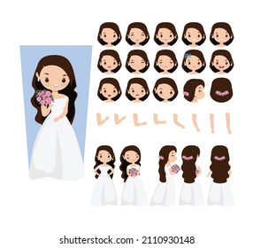 Cute flat minimalist bride character set vector illustrations. Different types of faces, emotions, body parts, laugh, sad, angry, front, rear, side views of bride. wedding day.