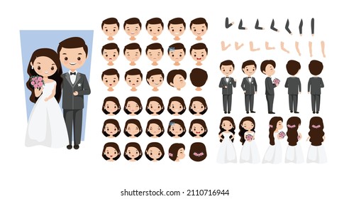 Cute flat minimalist bride and groom character set vector illustrations. Cartoon wedding bride and groom. wedding day.