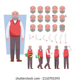 Cute flat minimalist old male professor character set vector illustrations. Different types of faces, emotions, body parts, laugh, sad, angry, front, rear, side views of male person.