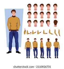Cute flat minimalist young guy character set vector illustrations. Different types of faces, emotions, body parts, laugh, sad, angry, front, rear, side views of male person.