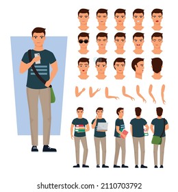 Cute flat minimalist young male student character set vector illustrations. Different types of faces, emotions, body parts, laugh, sad, angry, front, rear, side views of male guy.