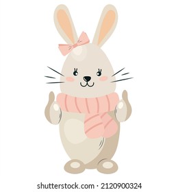 Cute, flat minimalistic hare. Boho rabbit girl. Funny character raises a finger up. Pet vector isolated on white background for kids app, game, book, print, postcard, t-shirt design, party invitation.