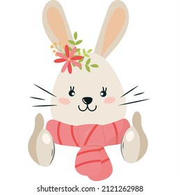 Cute, flat minimalistic hare. Muzzle of a boho rabbit girl. Funny character raises a finger up. Icon, sticker for kids app, game, book, print, postcard, t-shirt design, party invitation. Vector.
