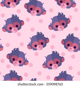 Cute flat monkey head vector seamless pattern. Pastel colored pink and purple fabric for children 