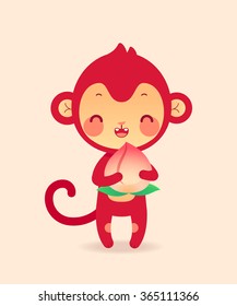Cute flat monkey in vector. Illustration of funny animal with peach. Cartoon character.