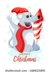 Cute flat mouse dressed in Santa Hat with a huge firework isolated on white. The symbol of the new year 2020. Christmas Greetings postcard vector design element