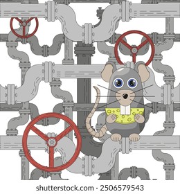 Cute flat mouse on the water pipes. Plumbing art. Rats in the basement. Vector illustration can used t-shirt print children boook notebook cover. EPS 10