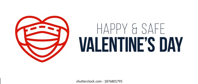 Cute flat outline red heart and medical mask. Happy and safe valentine day Protection of coronavirus and covid Valentine Day. Vector illustration love banner