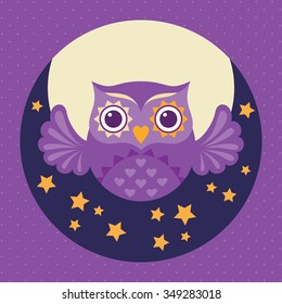 Cute flat owl icon with moon and stars. Valentine's Day love card. Vector illustration.