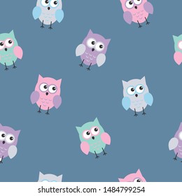 Cute flat owls pattern. Nice background for kids. On blue background.