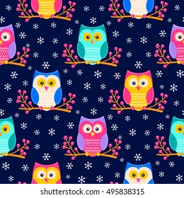 Cute flat owls sitting on a brunch with berries. Vector seamless pattern with hand drawn flat birds. Winter color owls with white doodle ornament. Nice background for kids. On dark blue backdrop.