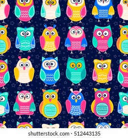 Cute flat owls. Vector seamless pattern with nice colorful birds. Flat owl with white ornament. On dark blue background with white stars.