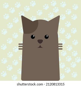 Cute flat pastel cat portrait with cat's paws pattern background