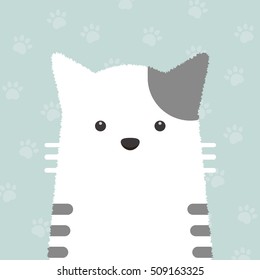 cute flat pastel cat portrait with cat's paws pattern background