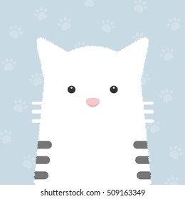 cute flat pastel cat portrait with cat's paws pattern background