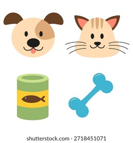 Conjunto de ilustración de mascotas planas lindas Icono de hueso de comida de gato de perro