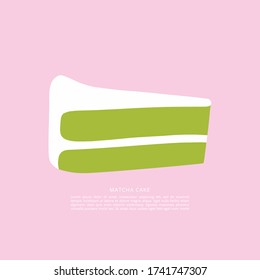 Cute flat piece of matcha cake. Cafe spot illustration. Birthday card element