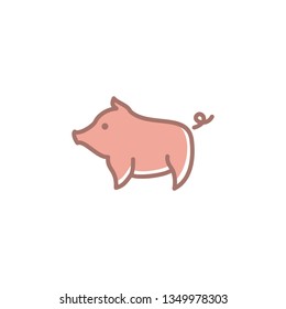 Cute Flat Pig Illustration. Offset Vector of Standing Pig with Pink Color Isolated on White Background