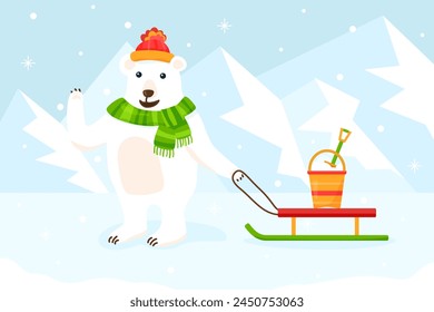 Cute flat polar bear in hat with sleigh and bucket on snowy background. Vector cartoon illustration with ice mountains. Hand drawn image of winter smiling character with sled for poster or template