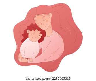 Retrato plano de abrazar a madre e hija. Ilustración vectorial de un padre feliz con un hijo. Amor y cuidado materna.