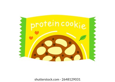 Cute flat protein cookie with vegan sign green leaf isolated on white background. Protein snack in packet. Hand written text.