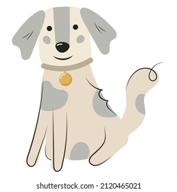 Cute, flat puppy cartoon character. A small pet in a collar with a medal. Dog friend vector illustration isolated on white background, for kids app, game, book, print, postcard, t-shirt design