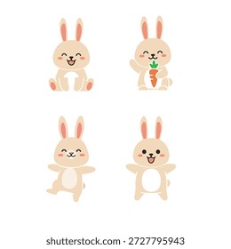 Cute flat rabbit illustration set with four different poses isolated on white background.