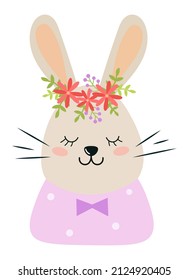 Cute, flat rabbit. Muzzle of a cartoon bunny in a wreath. Funny character lowers his eyes shyly. Icon, sticker for kids app, game, book, print, postcard, t-shirt design, party invitation. Vector.