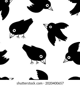 Cute flat ravens. Abstract hand drawn vector seamless pattern. Monochrome cartoon ornament with birds. Funny modern design for print, fabric, textile, background, wallpaper, wrap, card, decor.