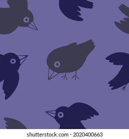 Cute flat ravens. Abstract hand drawn vector seamless pattern. Colored cartoon ornament with birds. Funny modern design for print, fabric, textile, background, wallpaper, wrap, card, decor.