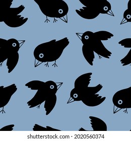 Cute flat ravens. Abstract hand drawn vector seamless pattern. Colored cartoon ornament with birds. Funny modern design for print, fabric, textile, background, wallpaper, wrap, card, decor.