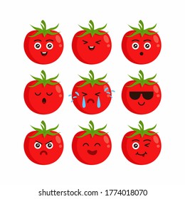 Cute flat red tomato character set illustration design, tomato cartoon emoji characters template vector